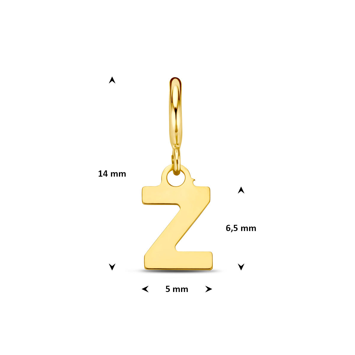 Letter bedel: afmetingen van de 9 karaat geelkleurige letter slotbedel, letter Z, 14,0 mm hoog inclusief oog en 5,0 mm breed.