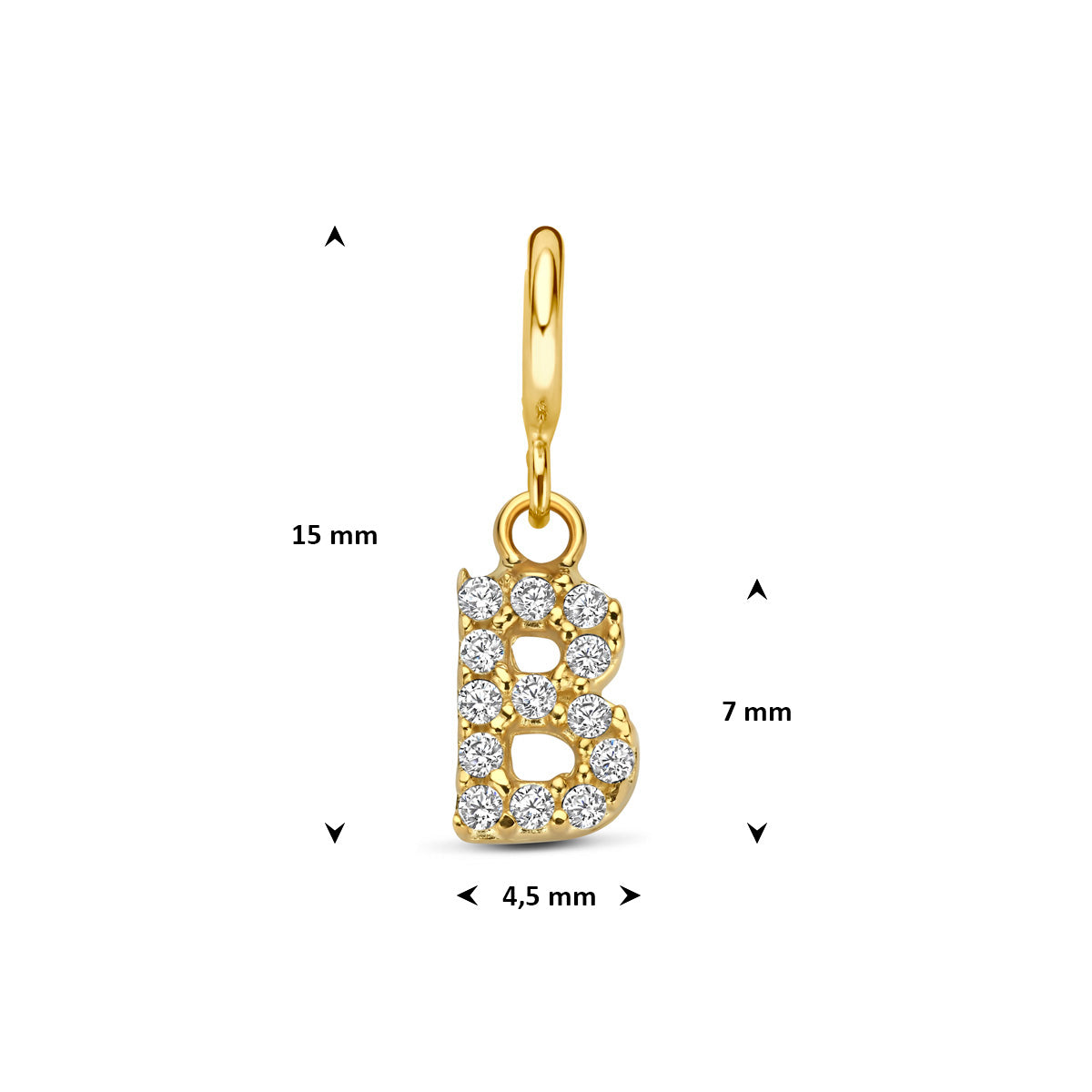 Letter bedel: afmetingen van de 9 karaat geelkleurige letter slotbedel met zirkonia, letter B, 15,0 mm hoog inclusief oog en 4,5 mm breed.