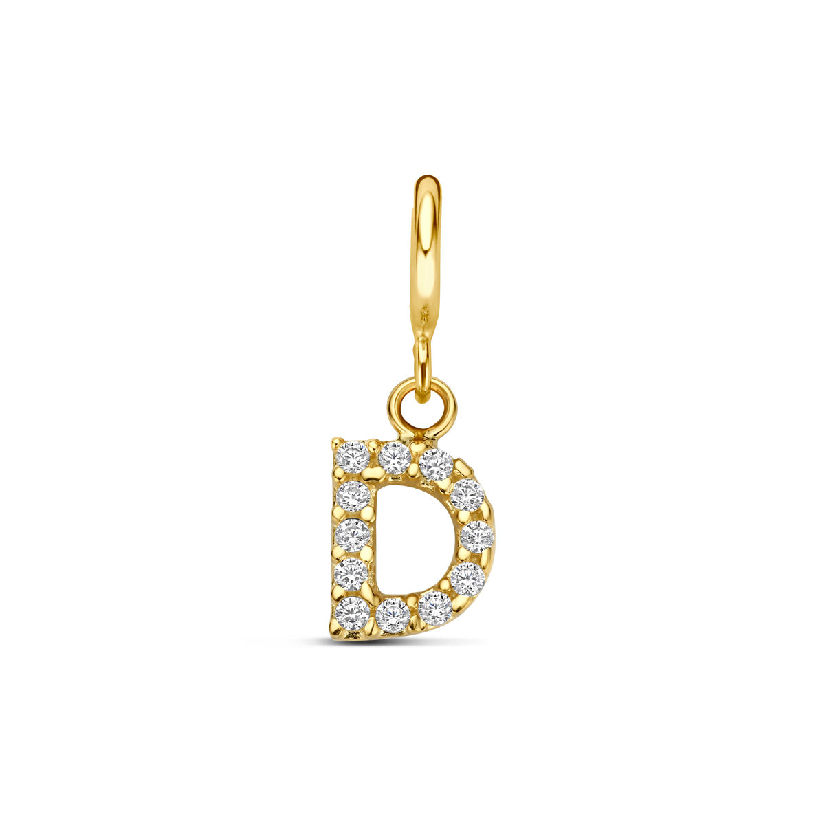 Letter bedel: vooraanzicht van de 9 karaat geelkleurige letter slotbedel met zirkonia, letter D.