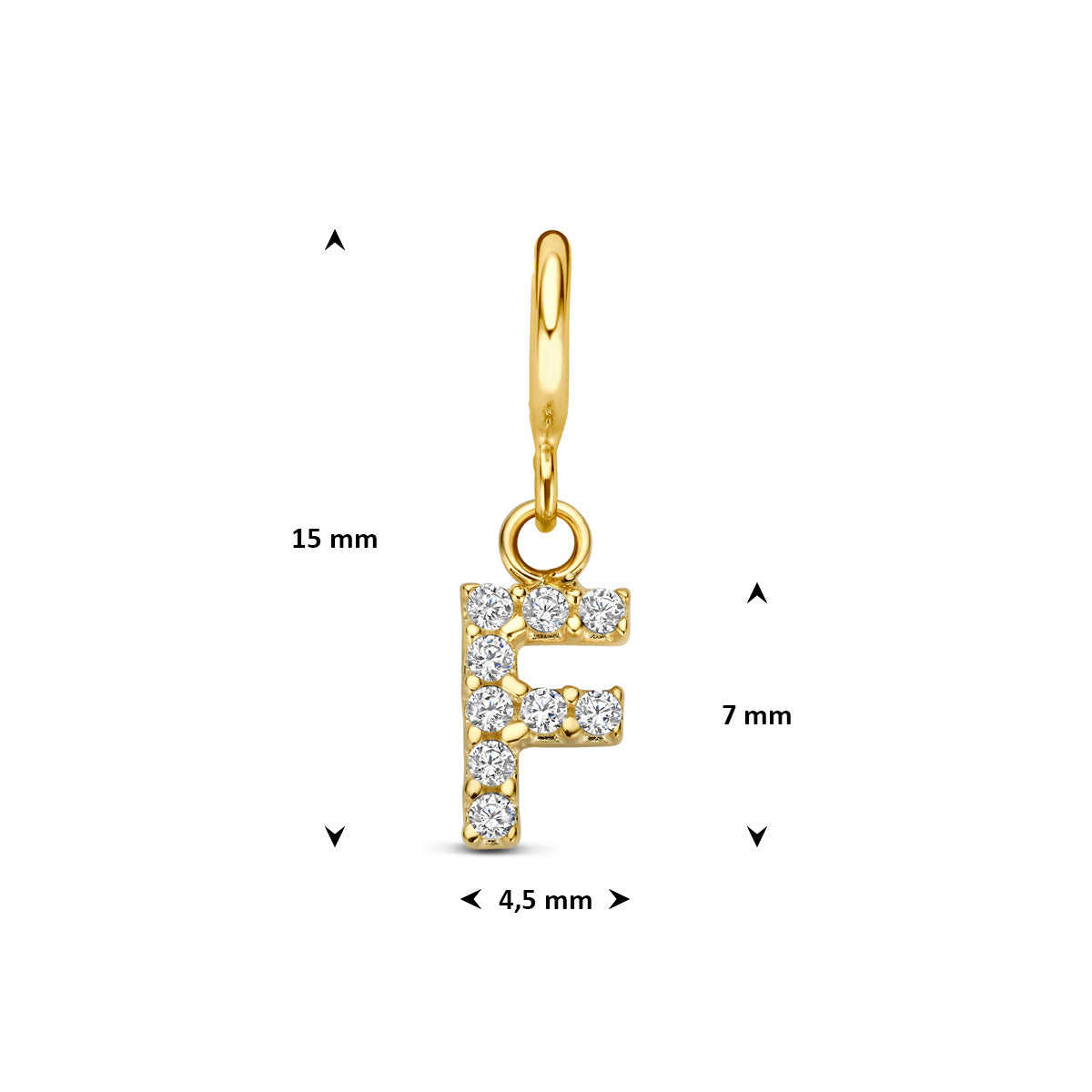 Letter bedel: afmetingen van de 9 karaat geelkleurige letter slotbedel met zirkonia, letter F, 15,0 mm hoog inclusief oog en 4,5 mm breed.