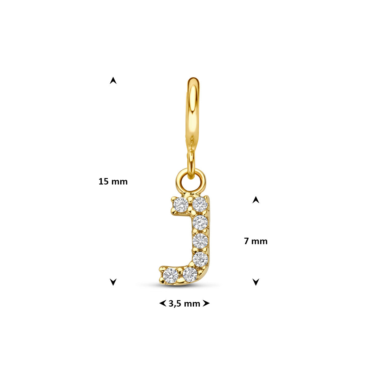 Letter bedel: afmetingen van de 9 karaat geelkleurige letter slotbedel met zirkonia, letter J, 15,0 mm hoog inclusief oog en 3,5 mm breed.