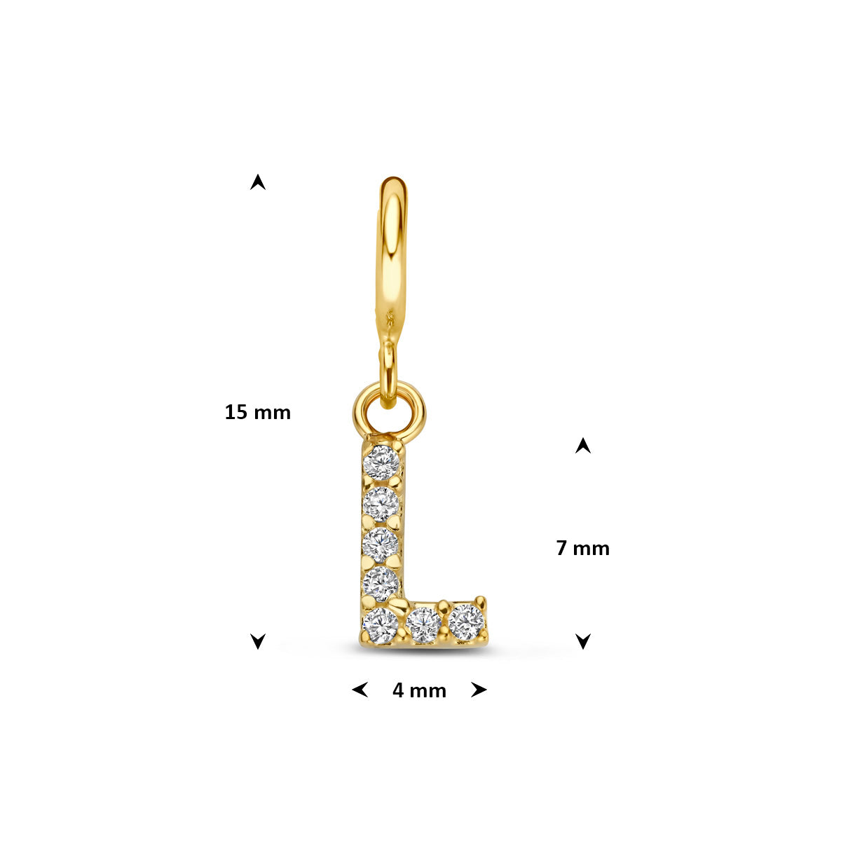 Letter bedel: afmetingen van de 9 karaat geelkleurige letter slotbedel met zirkonia, letter L, 15,0 mm hoog inclusief oog en 4,0 mm breed.
