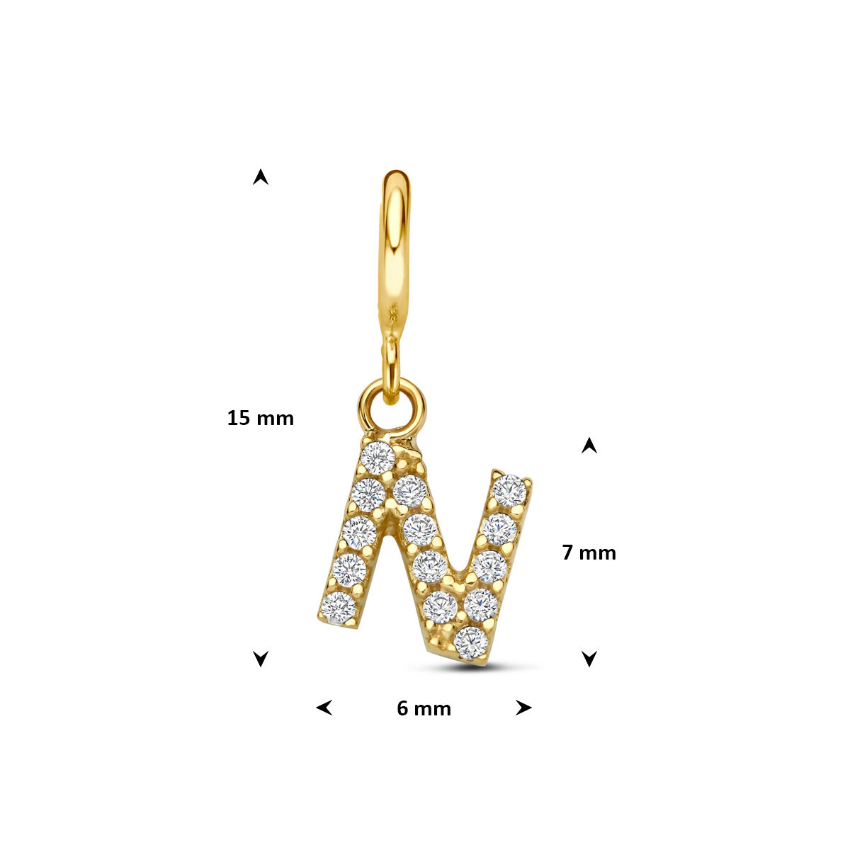 Letter bedel: afmetingen van de 9 karaat geelkleurige letter slotbedel met zirkonia, letter N, 15,0 mm hoog inclusief oog en 6,0 mm breed.