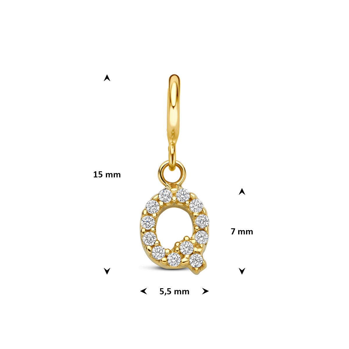Letter bedel: afmetingen van de 9 karaat geelkleurige letter slotbedel met zirkonia, letter Q, 15,0 mm hoog inclusief oog en 5,5 mm breed.