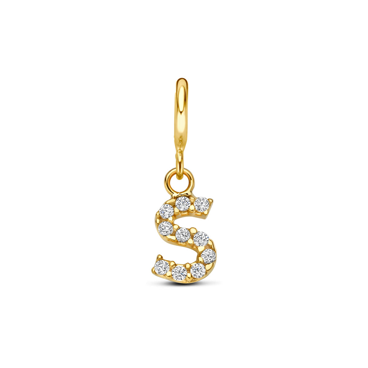 Letter bedel: vooraanzicht van de 9 karaat geelkleurige letter slotbedel met zirkonia, letter S.