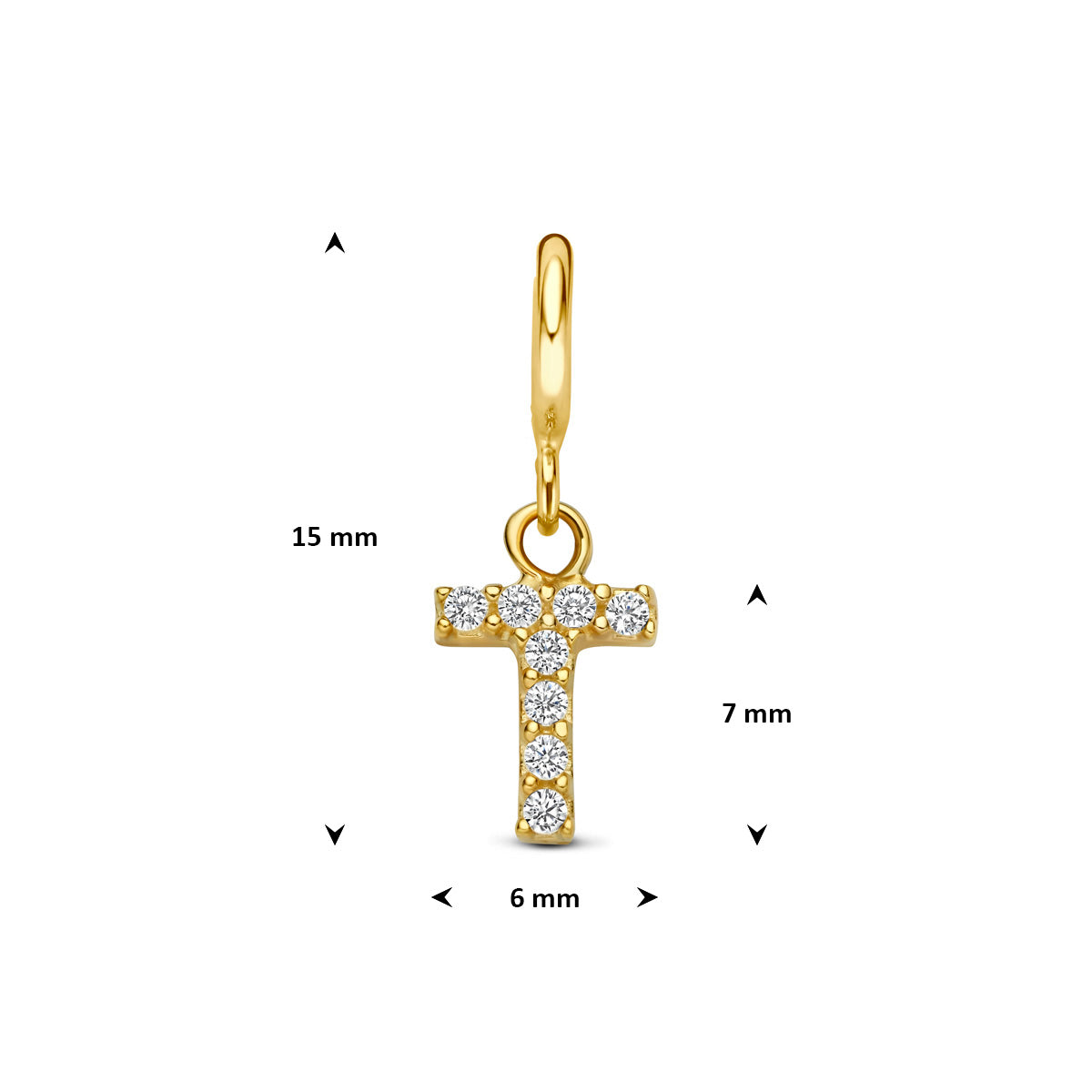 Letter bedel: afmetingen van de 9 karaat geelkleurige letter slotbedel met zirkonia, letter T, 15,0 mm hoog inclusief oog en 6,0 mm breed.