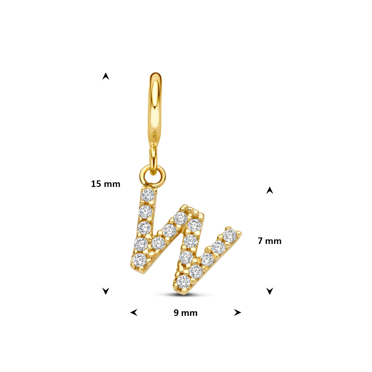 Letter bedel: afmetingen van de 9 karaat geelkleurige letter slotbedel met zirkonia, letter W, 15,0 mm hoog inclusief oog en 9,0 mm breed.