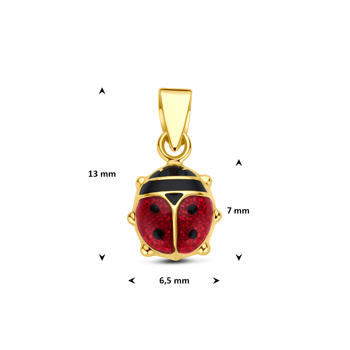 Kindersieraden: afmetingen van de 9 karaat geelkleurige lieveheersbeestje kinderhanger, 13 mm hoog inclusief oog en 6,5 mm breed.
