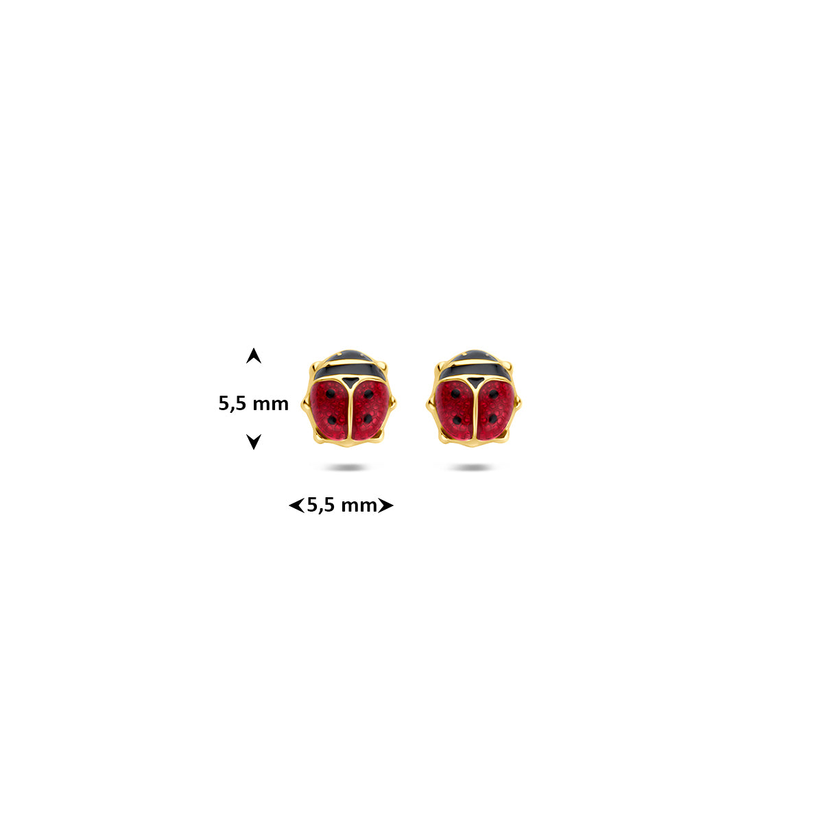 Lieveheersbeestje oorbellen: afmetingen van de 9 karaat geelkleurige lieveheersbeestje kinderoorknopjes, 5,5 mm hoog en 5,5 mm breed.