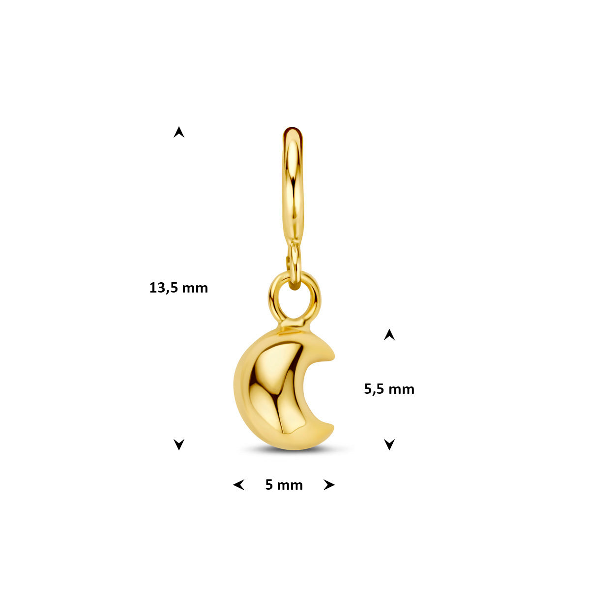 Bedel maan: afmetingen van de 9 karaat geelkleurige maan slotbedel, 13,5 mm hoog inclusief oog en 5,0 mm breed.