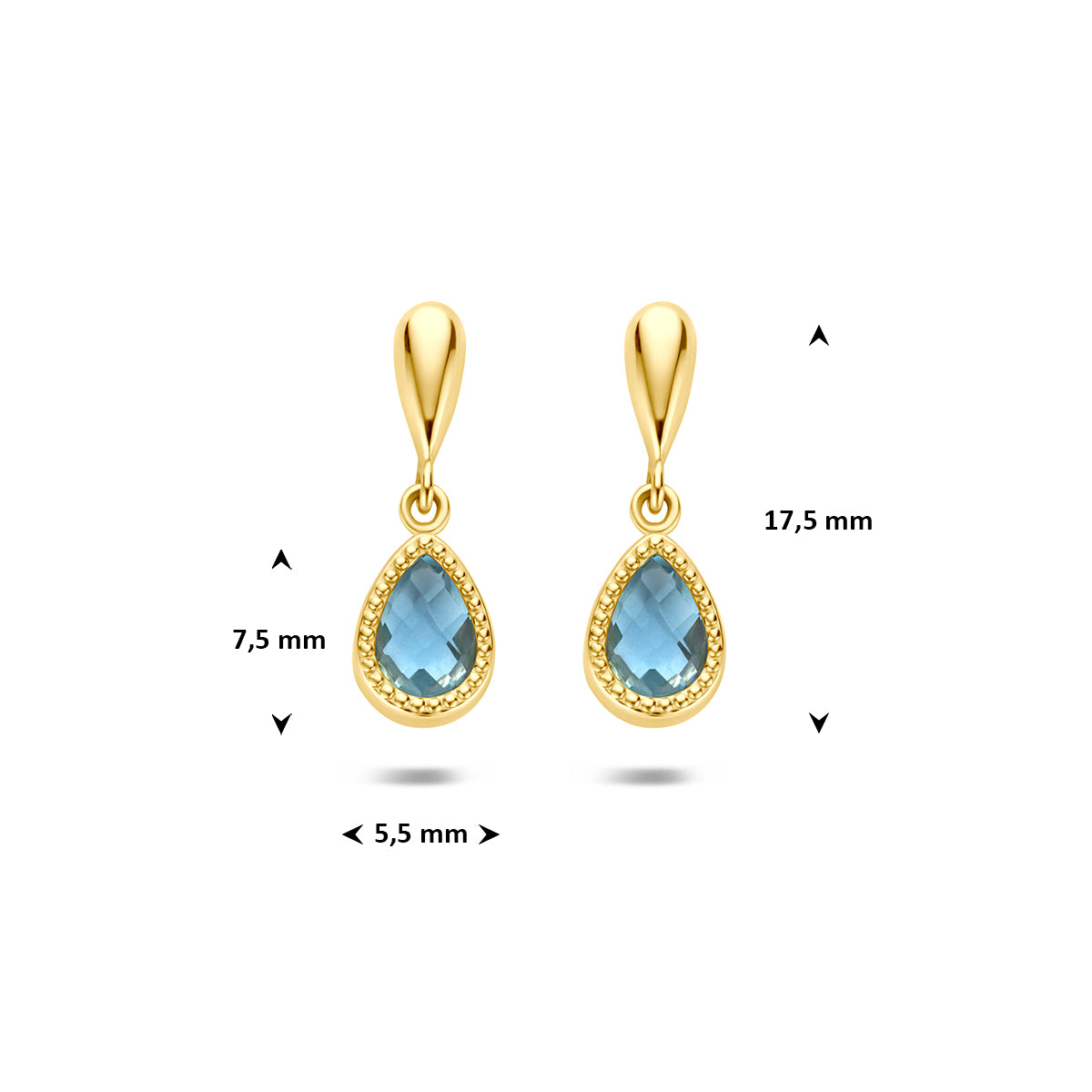 Blauwe topaas: afmetingen van de 9 karaat geelkleurige oorhangers met blauwe topaas, 17,5 mm hoog en 5,5 mm breed.