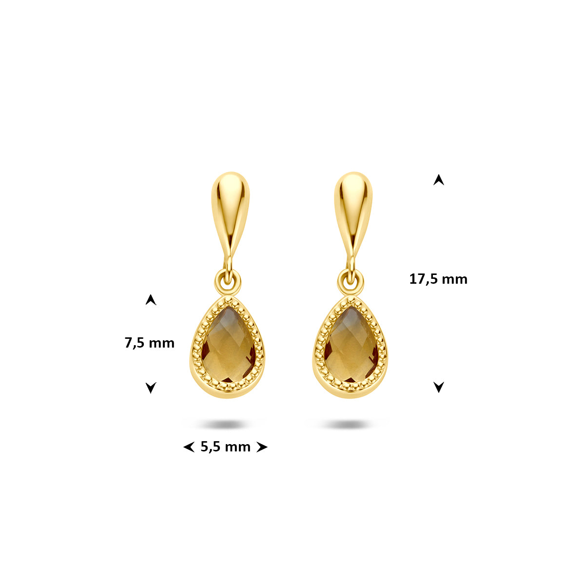 9 karaat oorbellen: afmetingen van de 9 karaat geelkleurige oorhangers met citrien, 17,5 mm hoog en 5,5 mm breed.