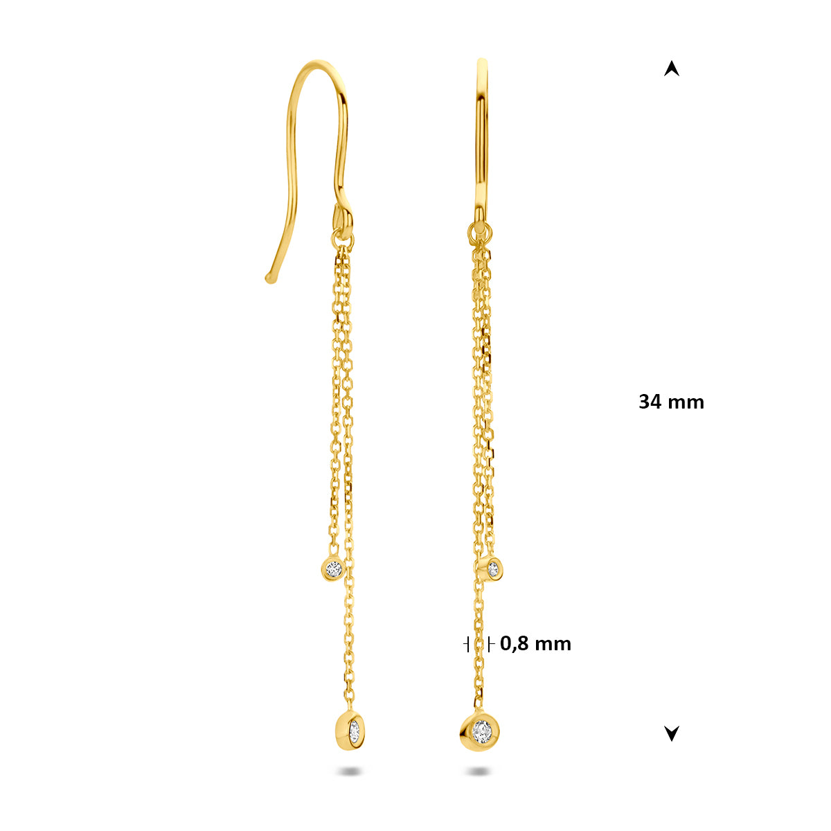 9 karaat oorbellen: afmetingen van de 9 karaat geelkleurige oorhangers met ketting en zirkonia, 34,0 mm hoog en 2,5 mm doorsnee.