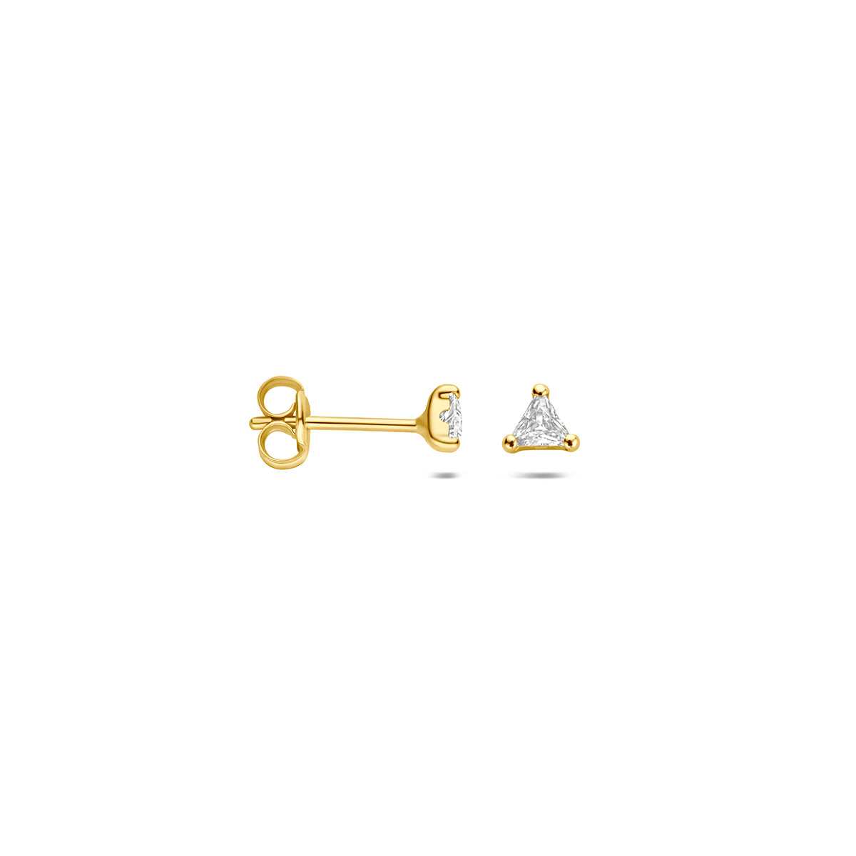 Oorbellen met zirkonia: voor- en zijaanzicht van de 9 karaat geelkleurige oorknopjes met driehoekige zirkonia.