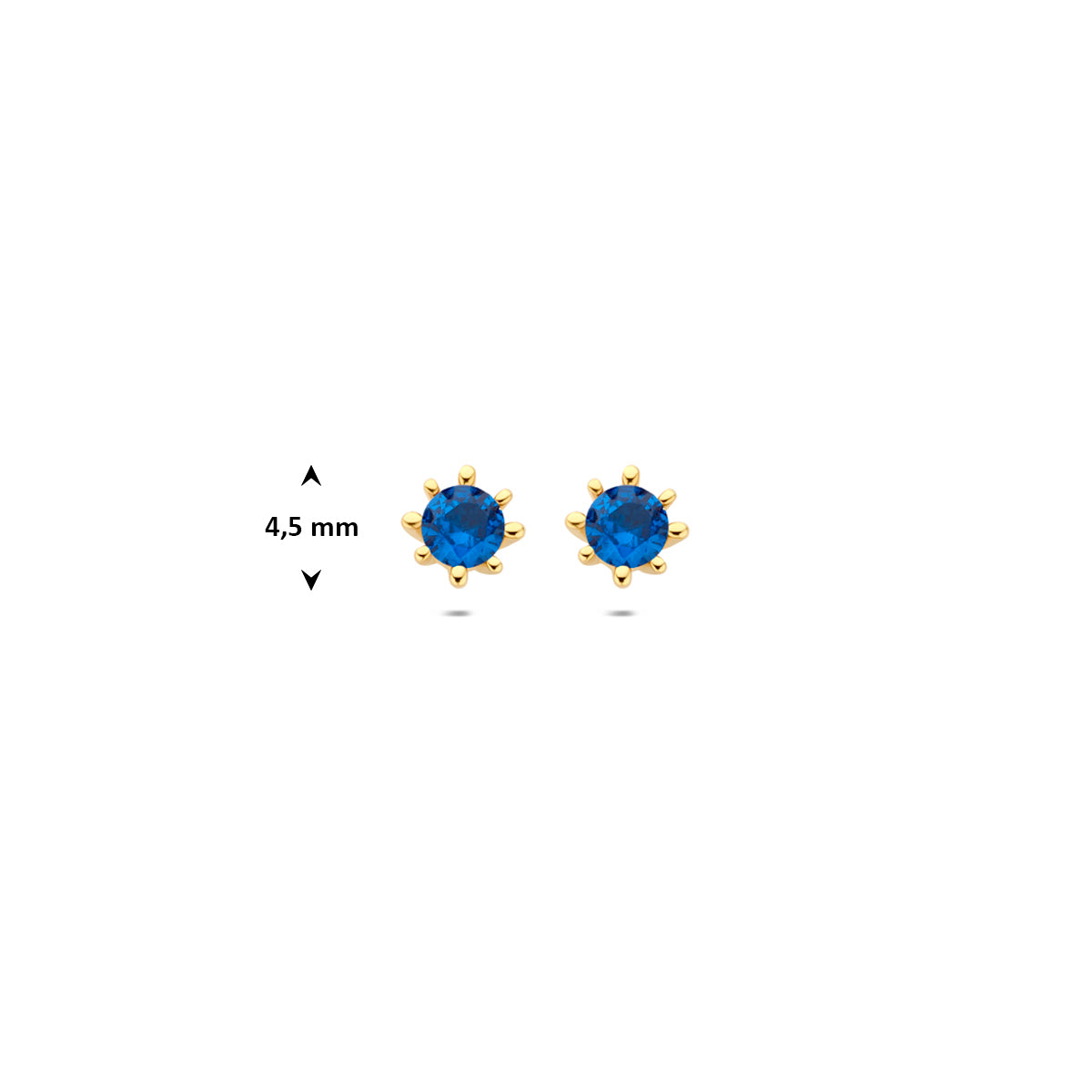 Afmetingen van de geelkleurige 9 karaat oorknopjes met blauwe zirkonia: 4,5 mm doorsnee.