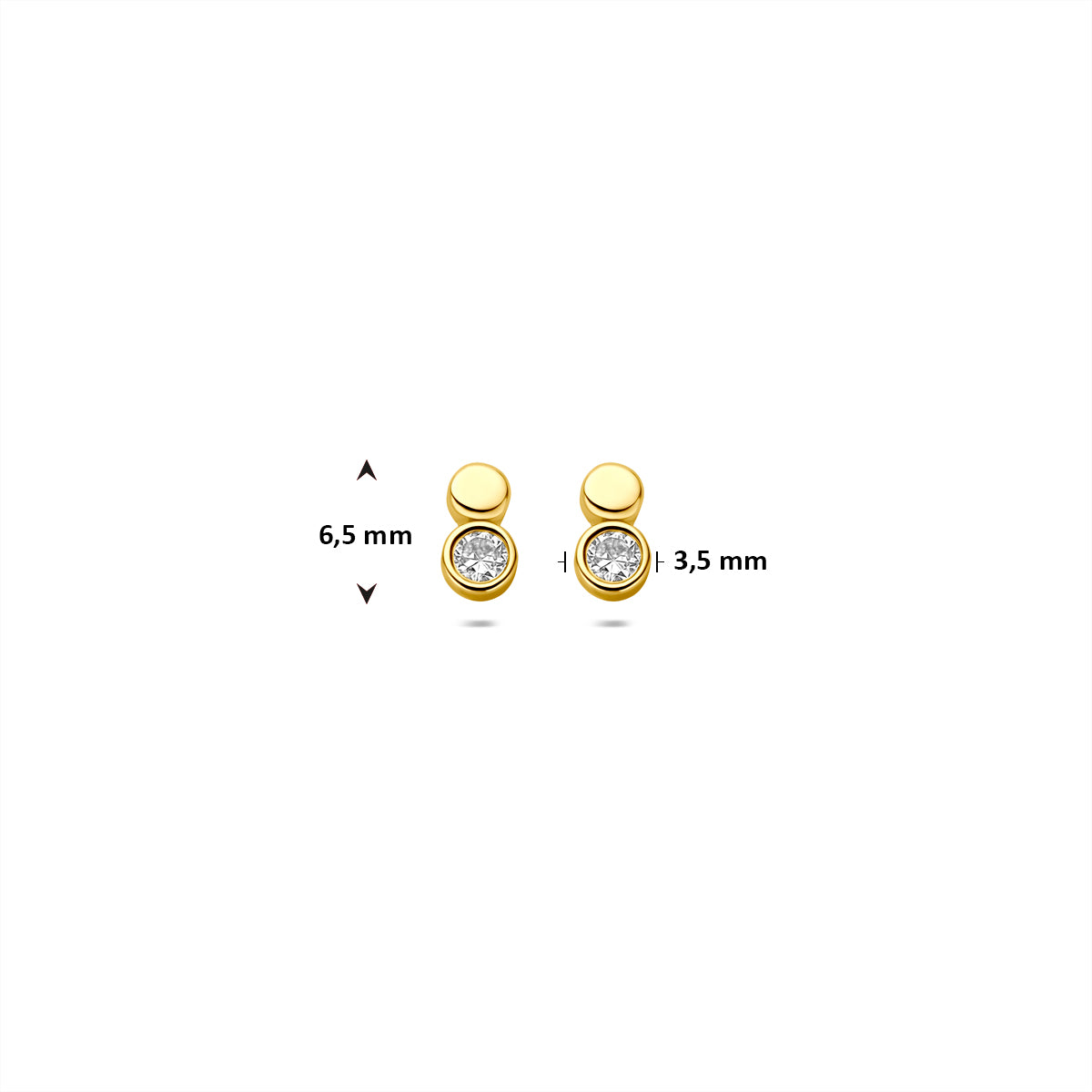 Afmetingen van de geelkleurige oorknopjes met zirkonia van 9 karaat: 6,5 mm hoog en 3,5 mm breed.