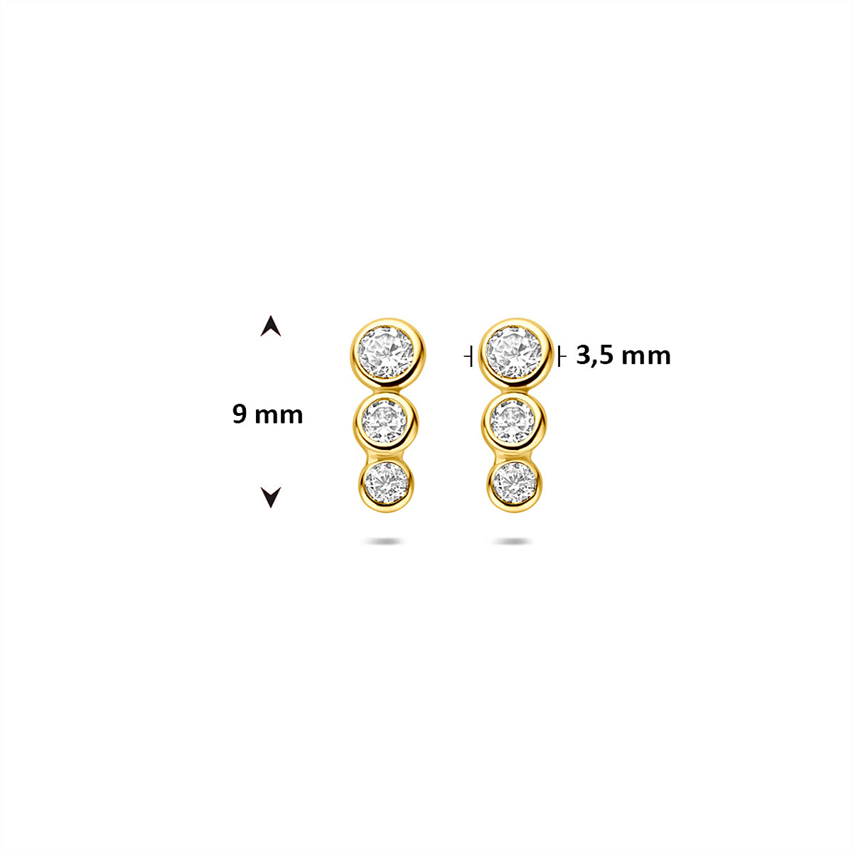 Afmetingen van de geelkleurige oorknopjes met zirkonia van 9 karaat: 9 mm hoog en 3,5 mm breed.
