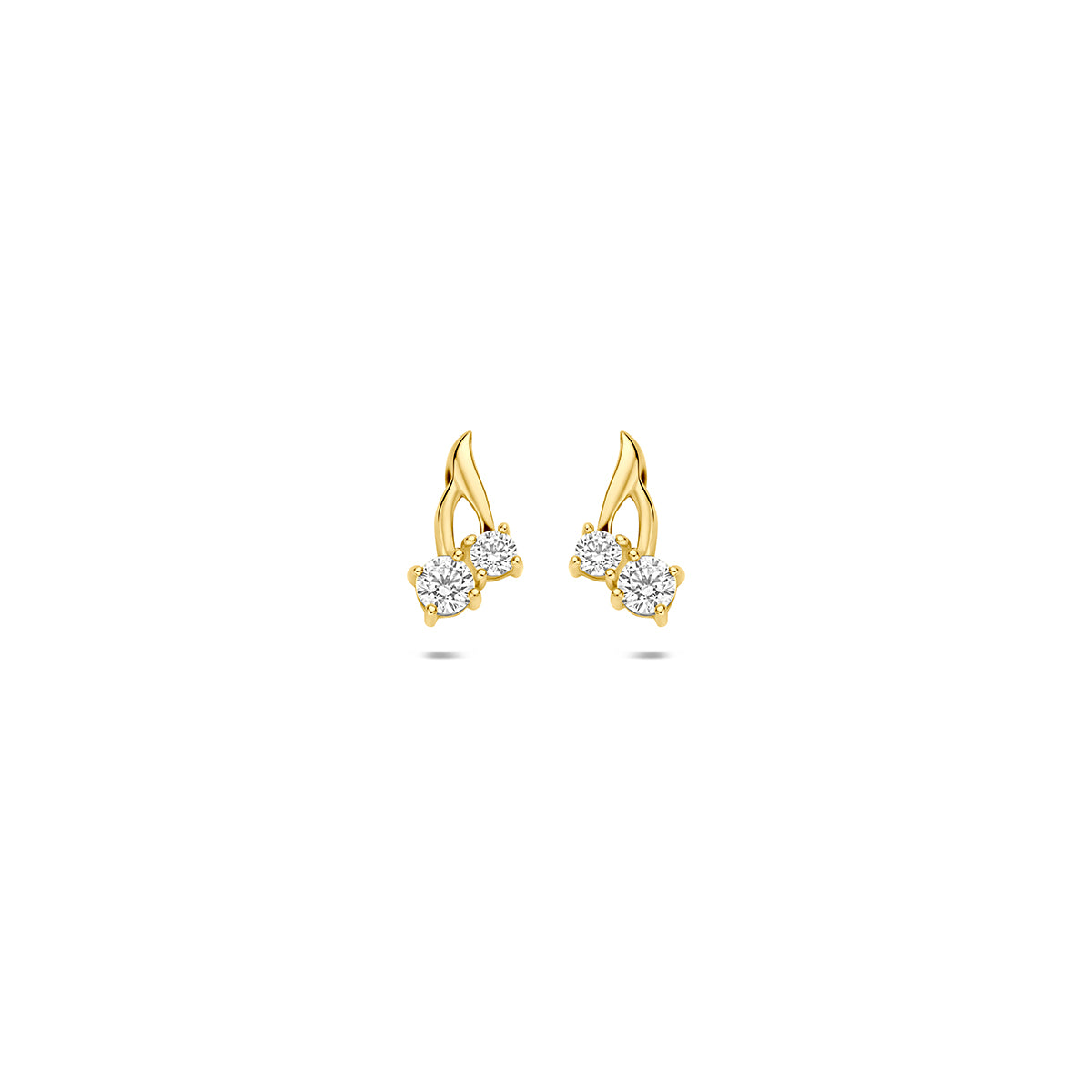 Vooraanzicht van de 9 karaat geelkleurige oorknopjes met zirkonia, 8,5 mm hoog en 5 mm breed.