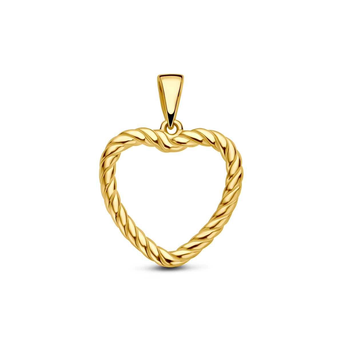 Hartje hanger: vooraanzicht van de 9 karaat geelkleurige open hartje hanger met gedraaide rand.