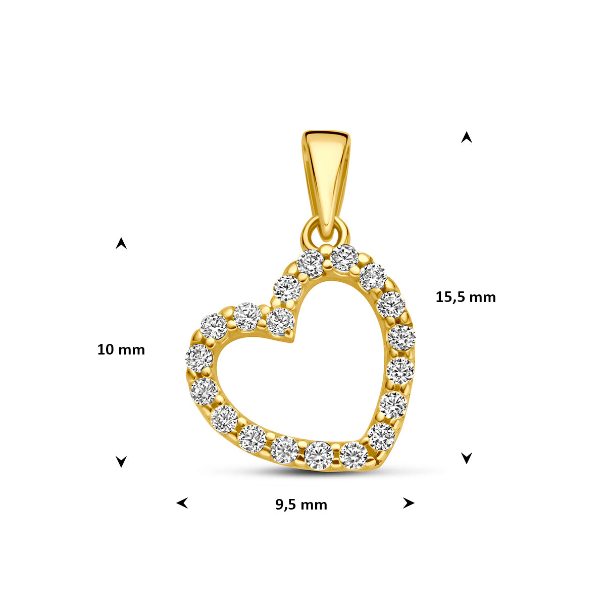 Hartje hanger: afmetingen van de 9 karaat geelkleurige open hartje hanger met zirkonia, 15,5 mm hoog inclusief oog en 9,5 mm breed.