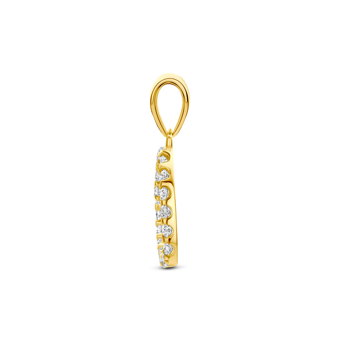 Hartje hanger: zijaanzicht van de 9 karaat geelkleurige open hartje hanger met zirkonia.