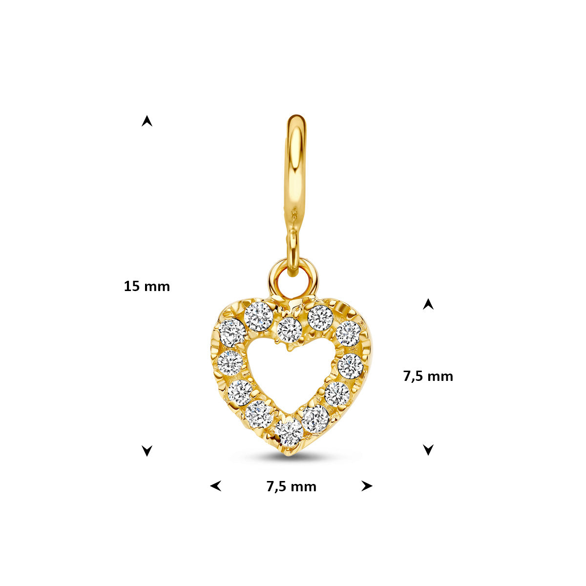 Bedel hartje: afmetingen van de 9 karaat geelkleurige open hartje slotbedel met zirkonia, 15,0 mm hoog inclusief oog en 7,5 mm breed.