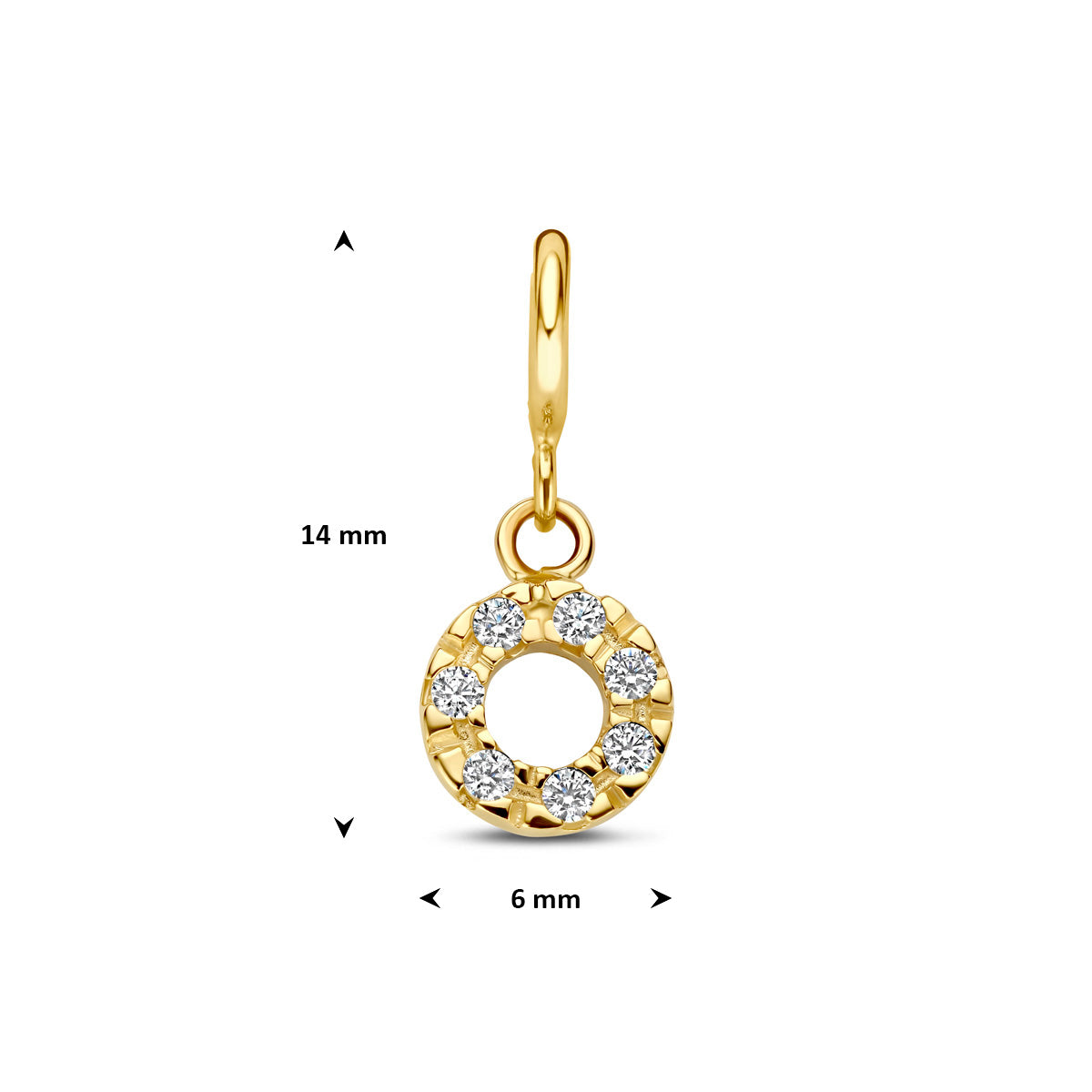 Bedel: afmetingen van de 9 karaat geelkleurige open rondje slotbedel met zirkonia, 14,0 mm hoog inclusief oog en 6,0 mm doorsnee.