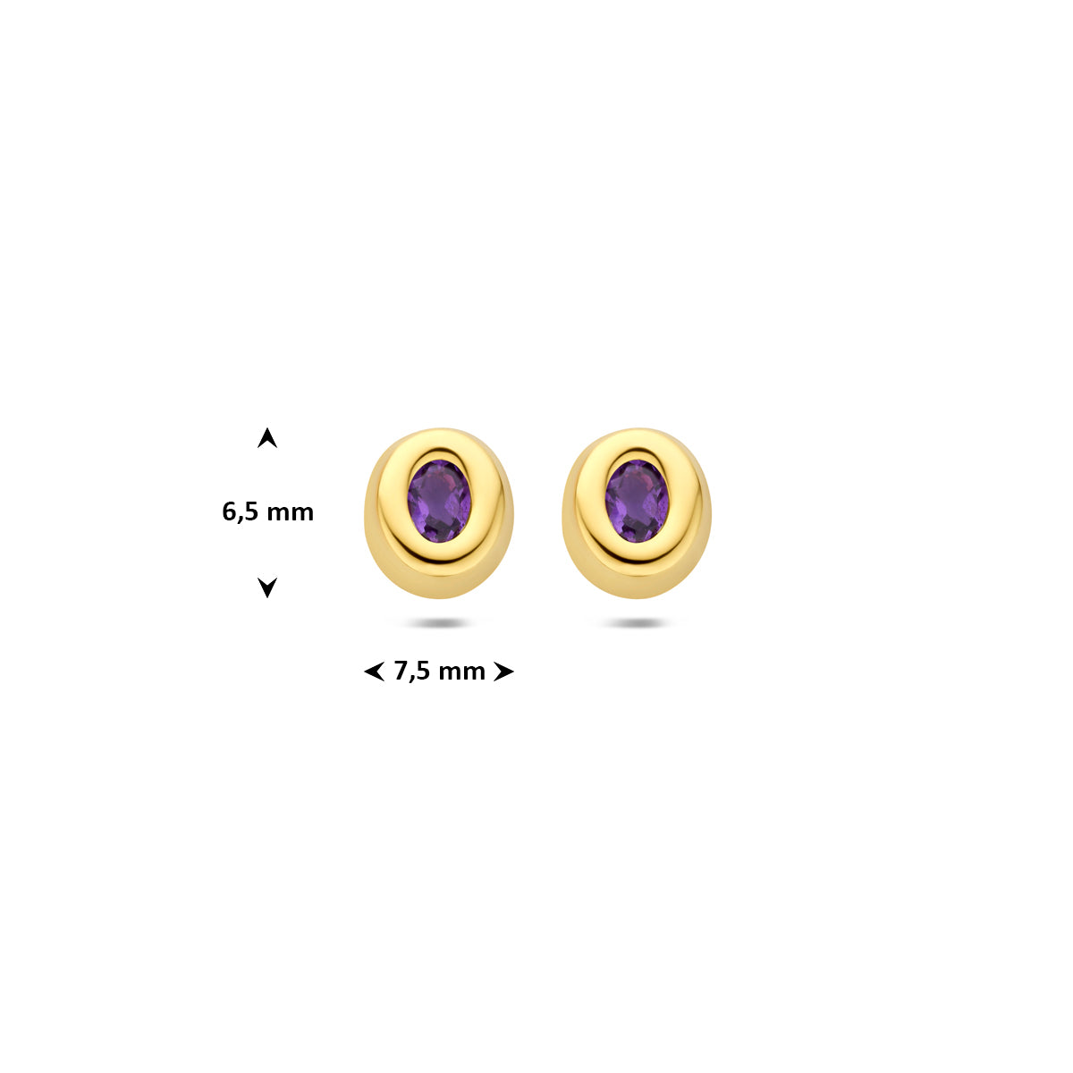 Technische afbeelding van de 9 karaat geelkleurige ovale amethist oorknopjes met afmetingen, 6,5 mm hoog en 7,5 mm breed.