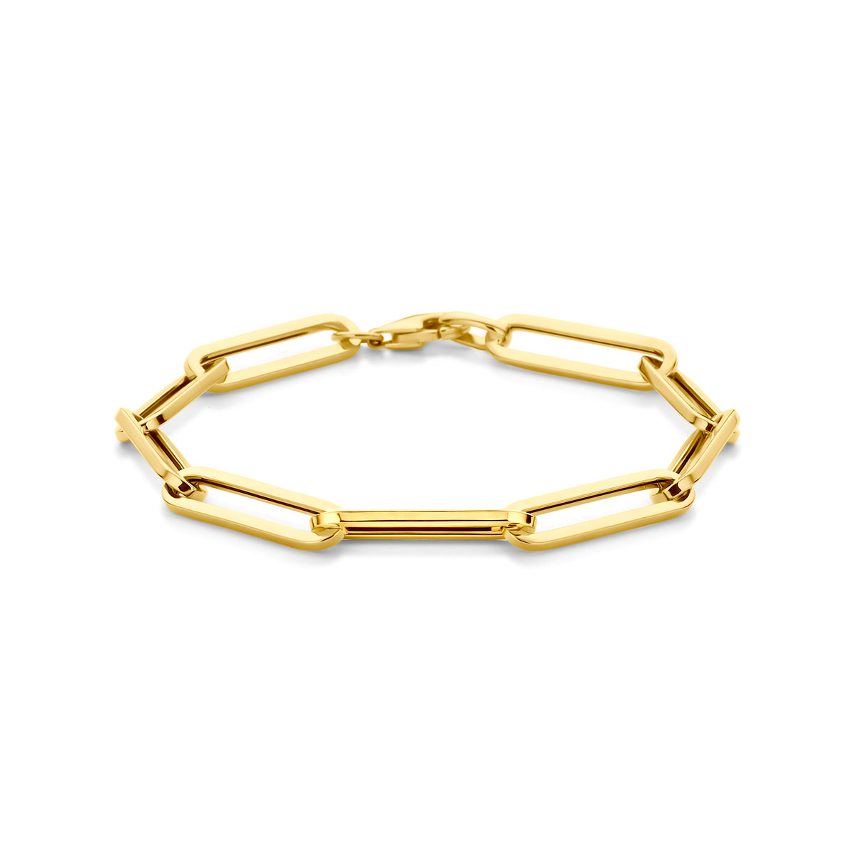 Vooraanzicht van de geelkleurige paperclip armband van 9 karaat.