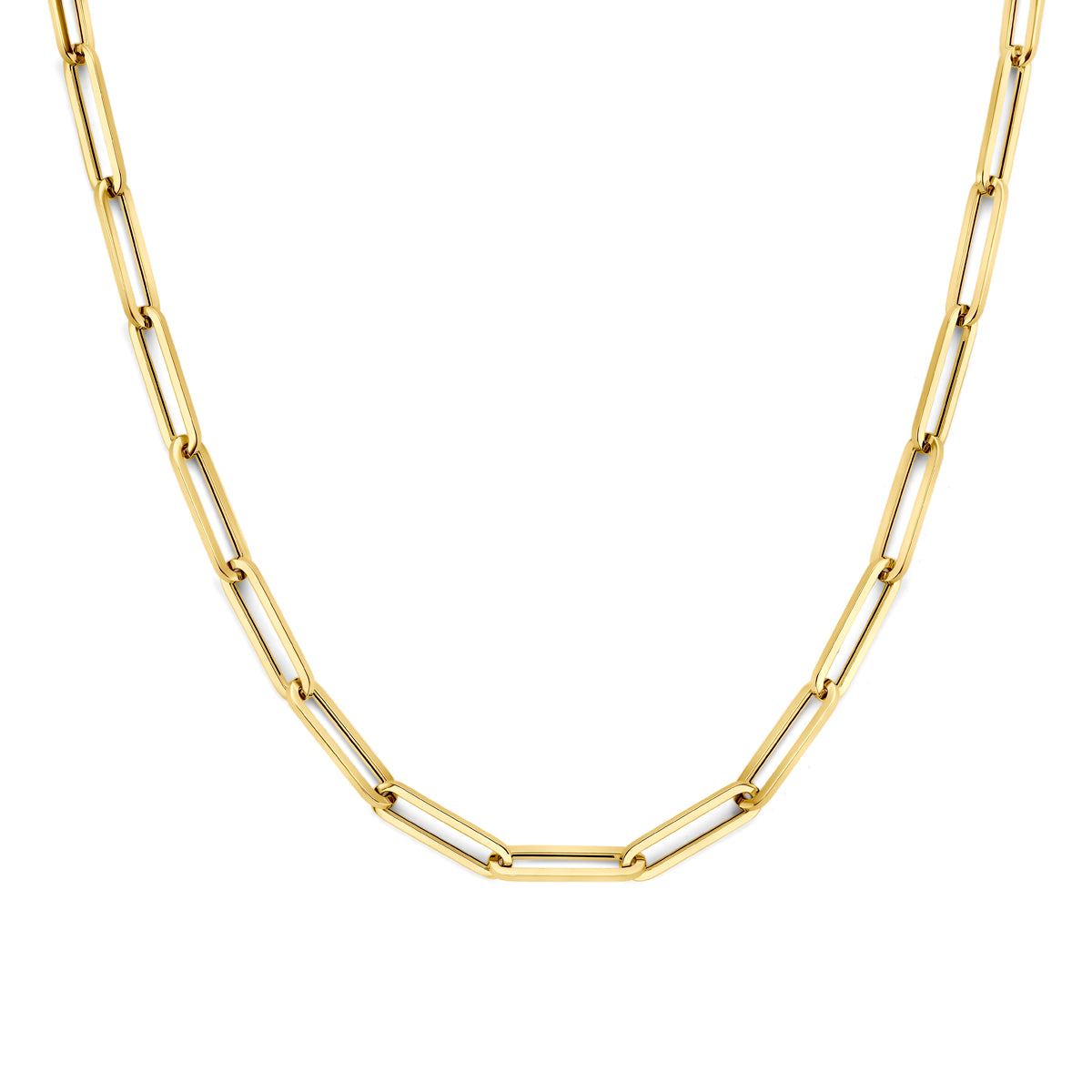 Vooraanzicht van de geelkleurige paperclip ketting van 9 karaat.