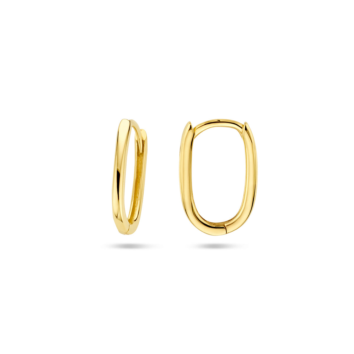 Voor- en zijaanzicht van de geelkleurige paperclip klapoorringen van 9 karaat.