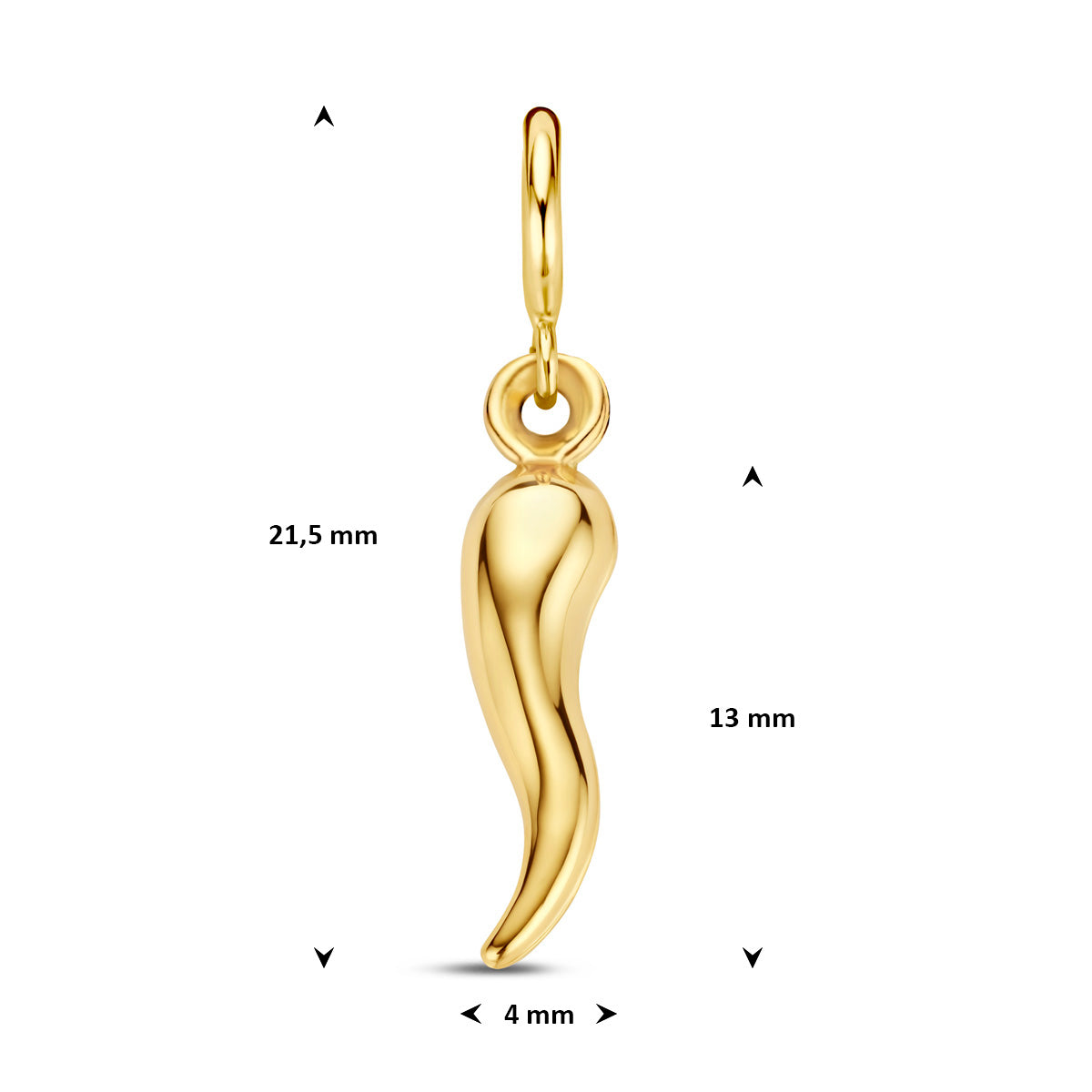 Bedel: afmetingen van de 9 karaat geelkleurige peper slotbedel, 21,5 mm hoog inclusief oog en 4,0 mm breed.