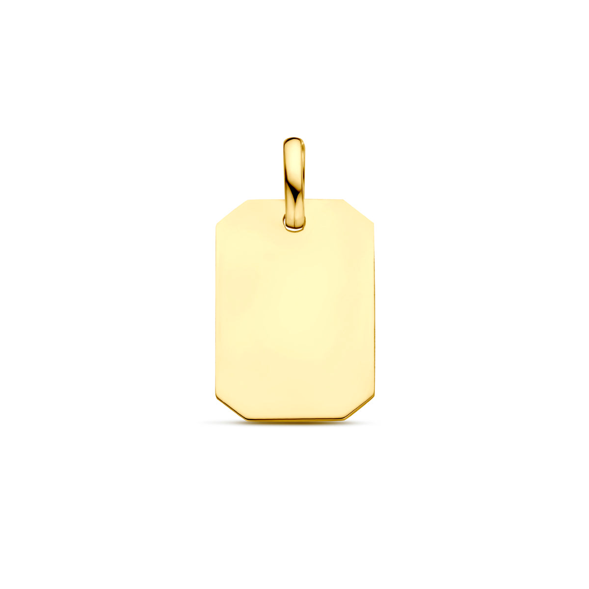 Vooraanzicht van de 9 karaat geelkleurige rechthoekige graveerhanger, 20 mm hoog en 11 mm breed.