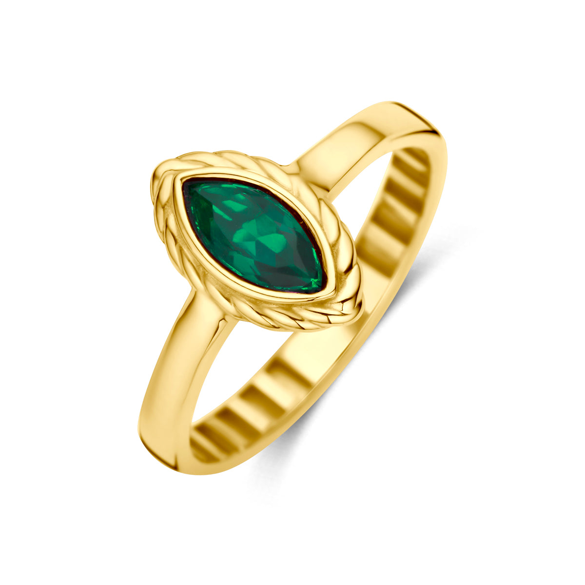 Schuin bovenaanzicht van de 9 karaat geelkleurige ring met groene zirkonia, 11,5 mm hoog en 7 mm breed.