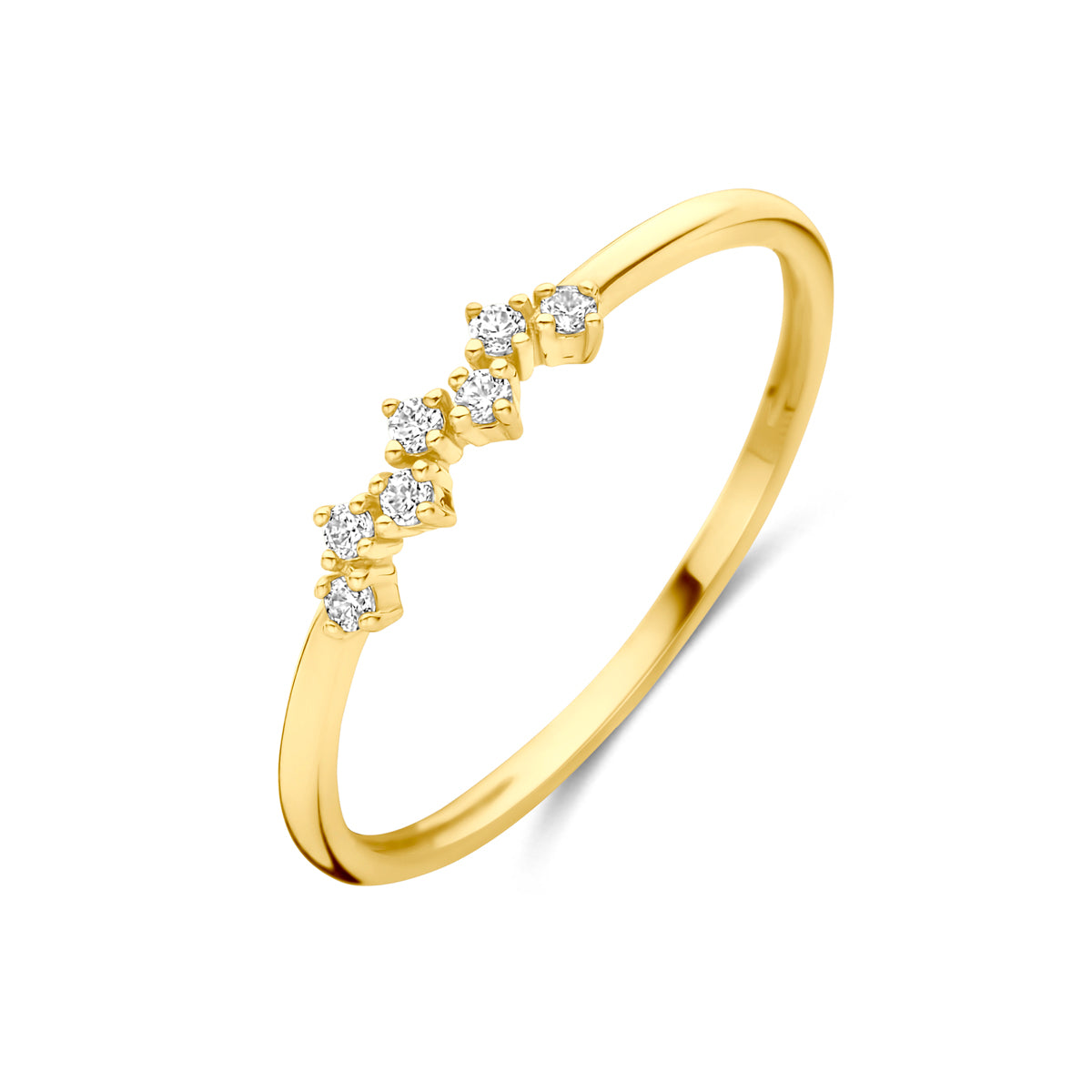 Schuin bovenaanzicht van de geelkleurige 9 karaat ring met zirkonia.