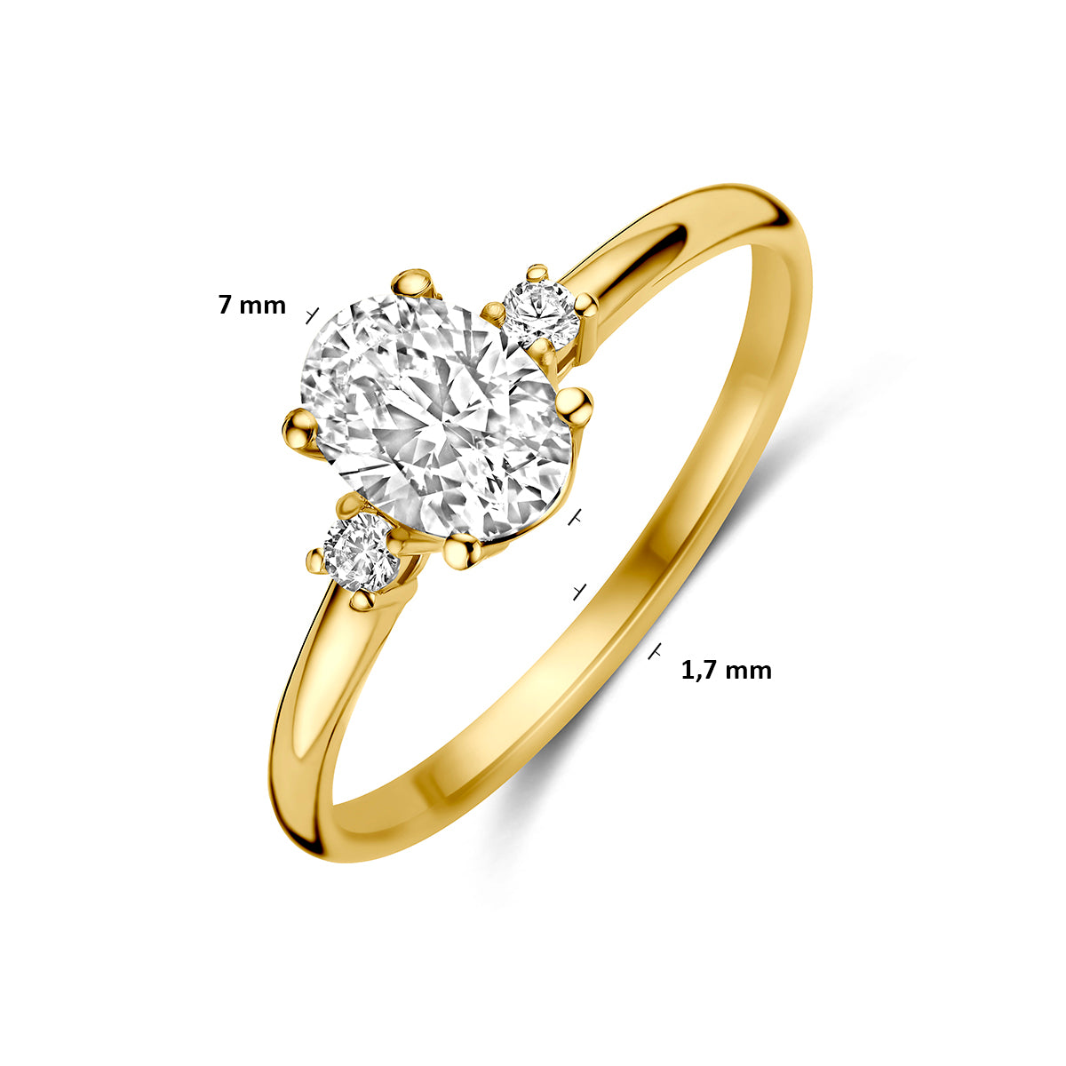 Ring met zirkonia: schuin bovenaanzicht met afmetingen van de 9 karaat geelkleurige ring met ovale zirkonia, 7,0 mm breed.