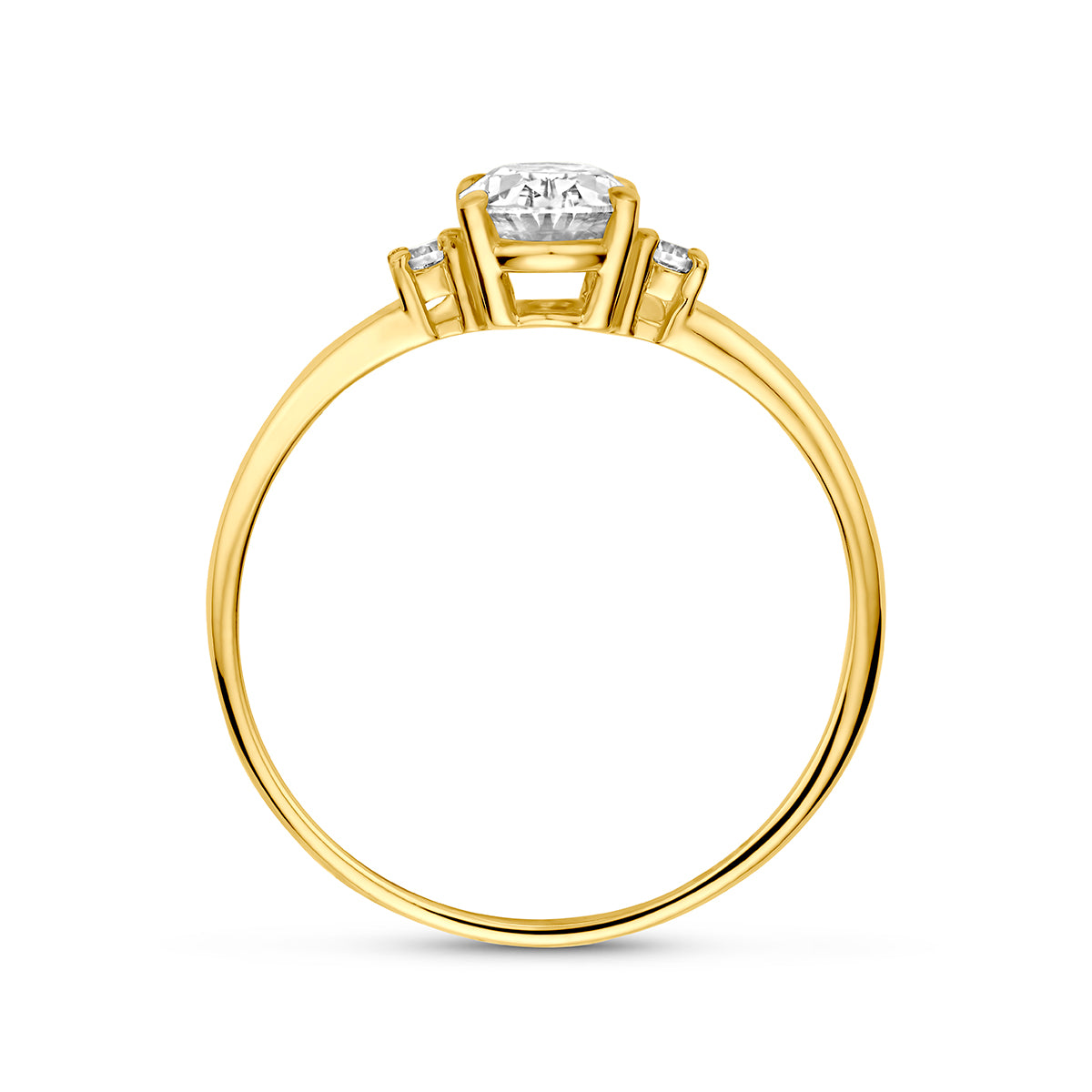 Ring met zirkonia: zijaanzicht van de 9 karaat geelkleurige ring met ovale zirkonia.