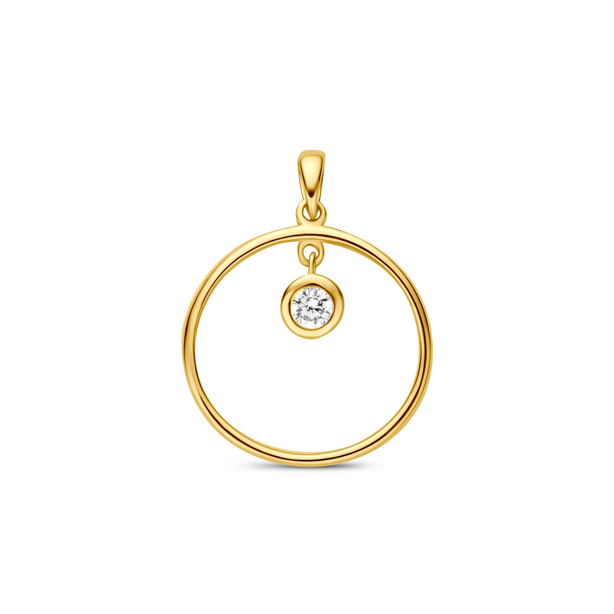 Vooraanzicht van de geelkleurige ronde hanger met zirkonia van 9 karaat.