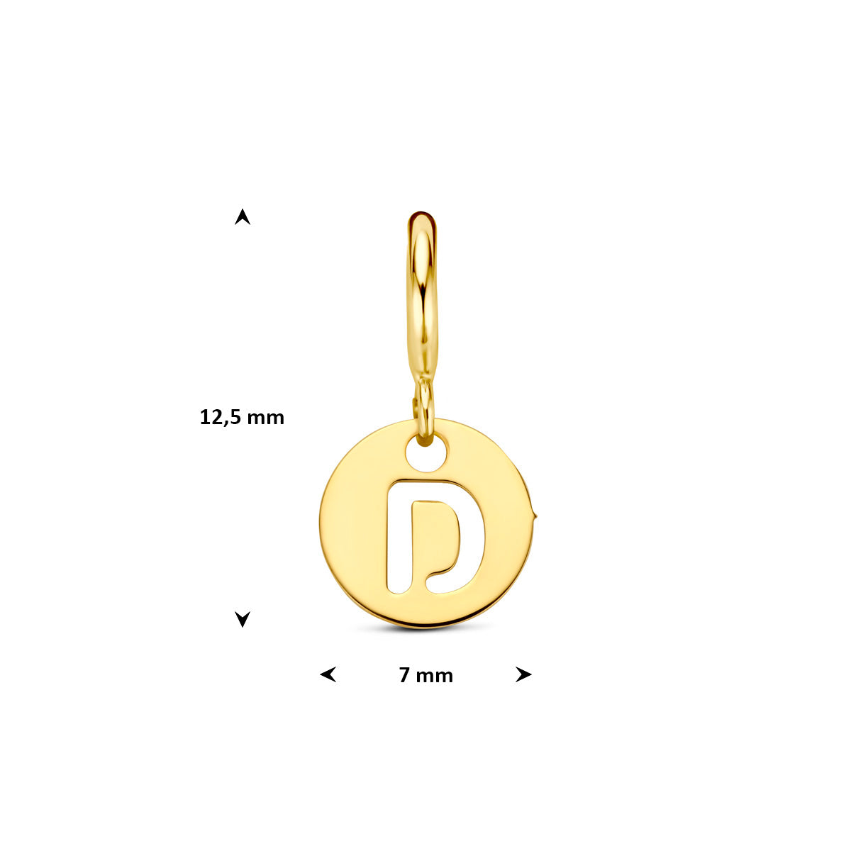 Letter bedel: afmetingen van de 9 karaat geelkleurige ronde letter slotbedel, letter D, 12,5 mm hoog inclusief oog en 7,0 mm doorsnee.