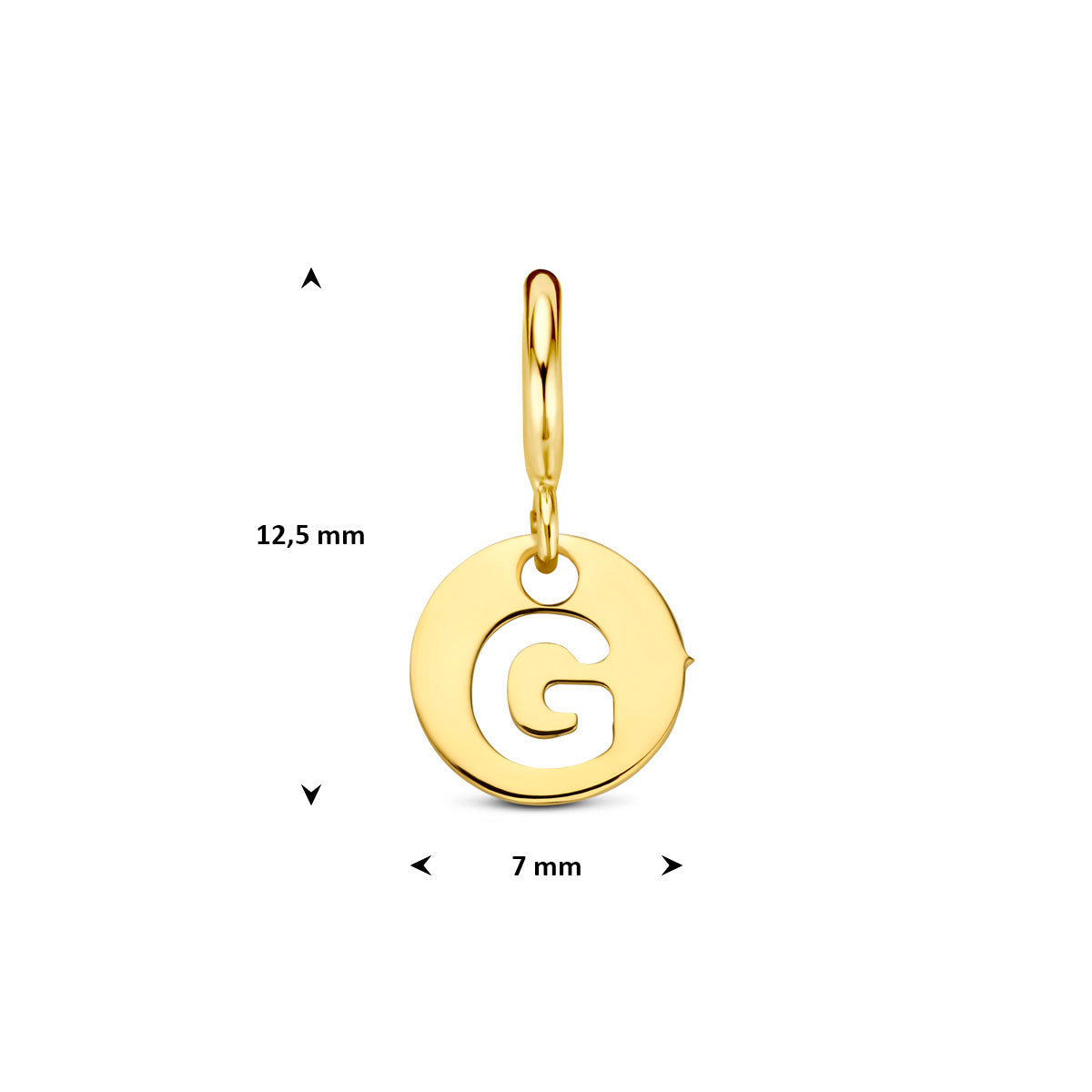 Letter bedel: afmetingen van de 9 karaat geelkleurige ronde letter slotbedel, letter G, 12,5 mm hoog inclusief oog en 7,0 mm doorsnee.