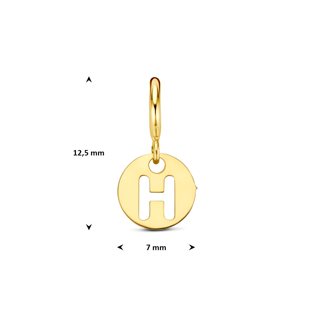 Letter bedel: afmetingen van de 9 karaat geelkleurige ronde letter slotbedel, letter H, 12,5 mm hoog inclusief oog en 7,0 mm doorsnee.