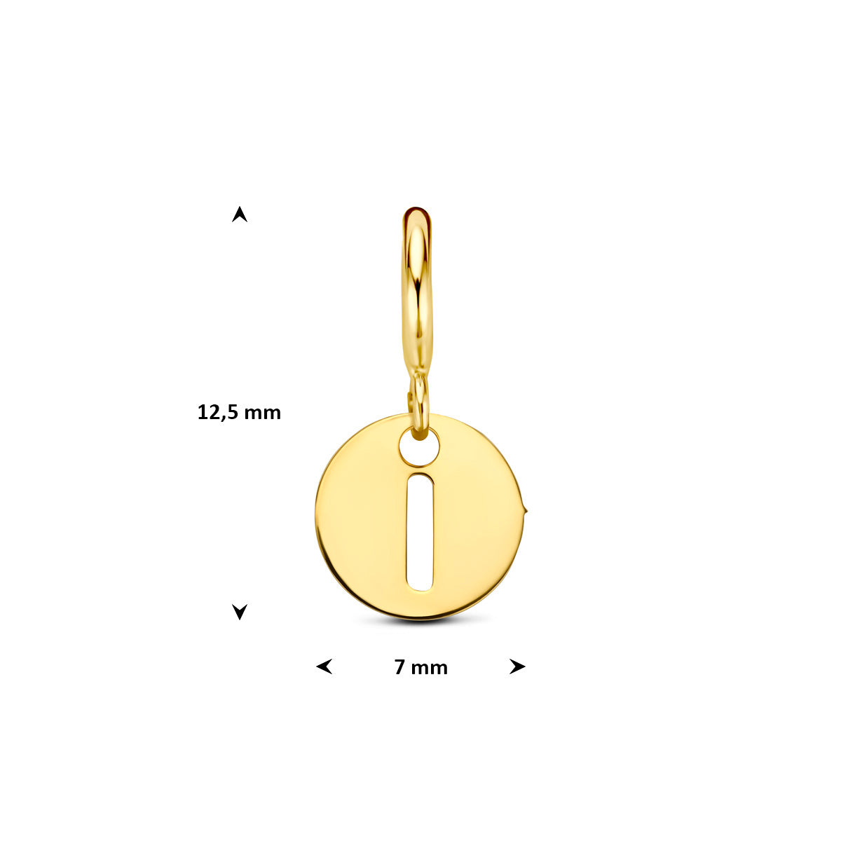 Letter bedel: afmetingen van de 9 karaat geelkleurige ronde letter slotbedel, letter I, 12,5 mm hoog inclusief oog en 7,0 mm doorsnee.