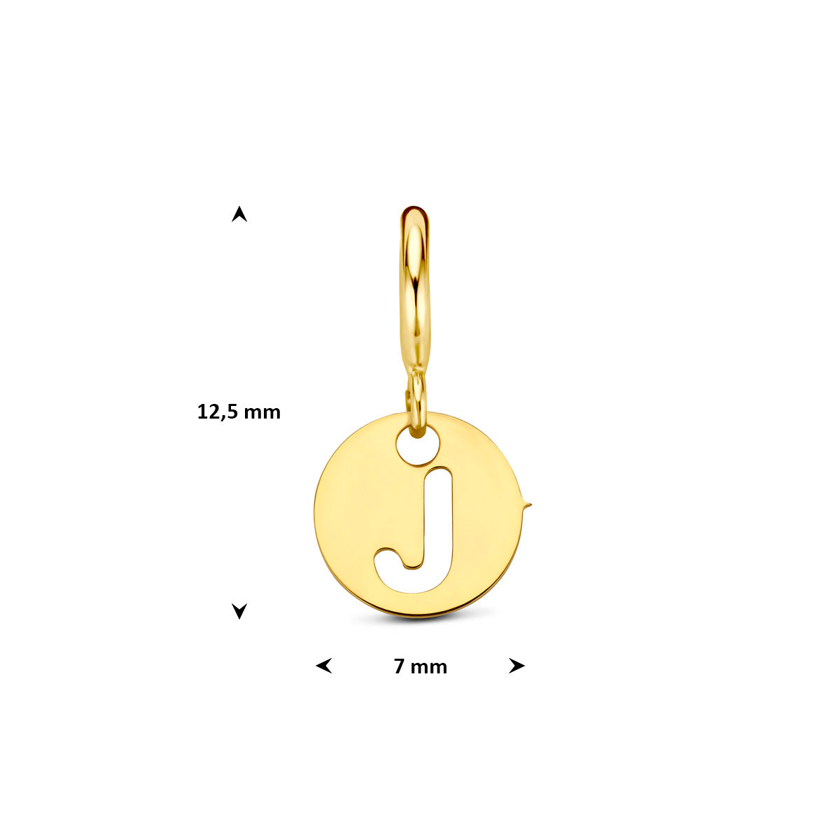 Letter bedel: afmetingen van de 9 karaat geelkleurige ronde letter slotbedel, letter J, 12,5 mm hoog inclusief oog en 7,0 mm doorsnee.