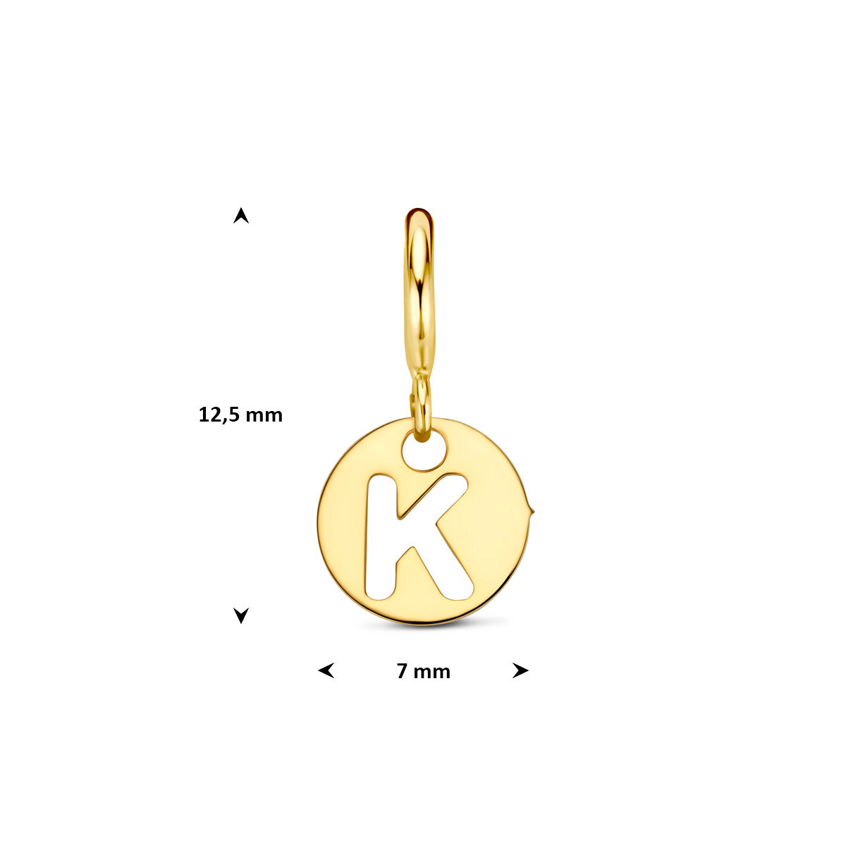 Letter bedel: afmetingen van de 9 karaat geelkleurige ronde letter slotbedel, letter K, 12,5 mm hoog inclusief oog en 7,0 mm doorsnee.