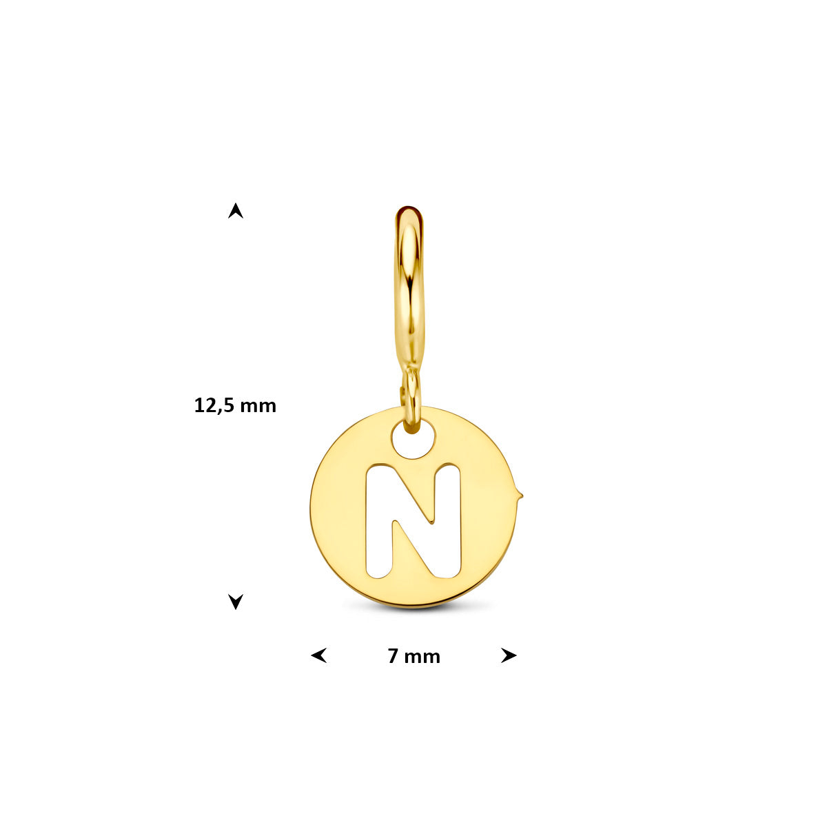 Letter bedel: afmetingen van de 9 karaat geelkleurige ronde letter slotbedel, letter N, 12,5 mm hoog inclusief oog en 7,0 mm doorsnee.