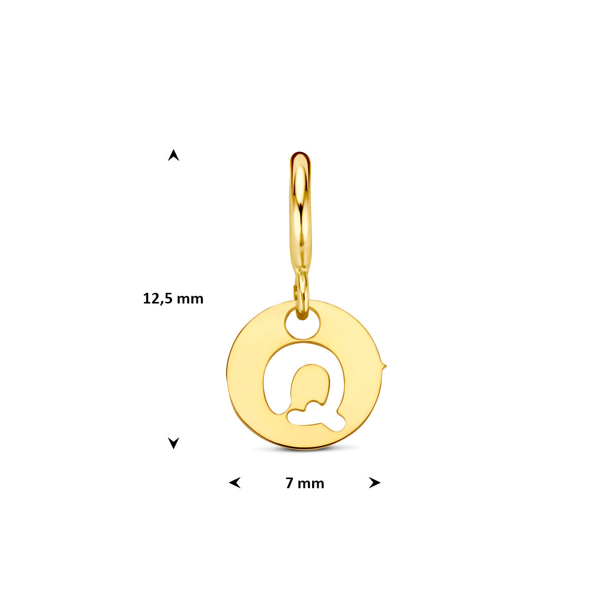 Letter bedel: afmetingen van de 9 karaat geelkleurige ronde letter slotbedel, letter Q, 12,5 mm hoog inclusief oog en 7,0 mm doorsnee.