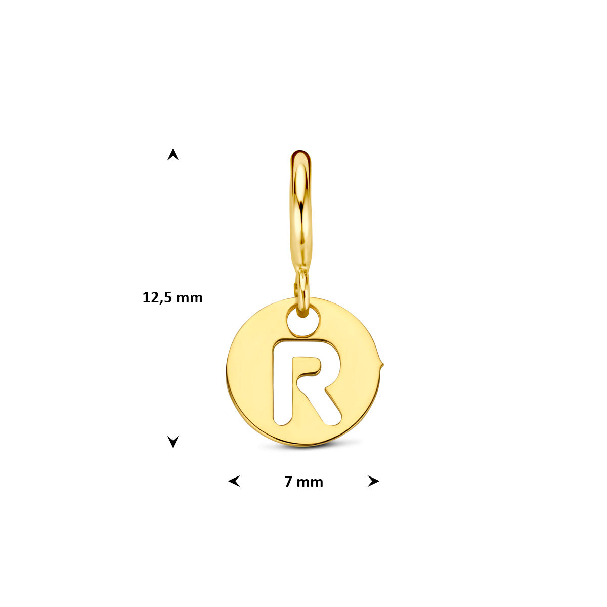 Letter bedel: afmetingen van de 9 karaat geelkleurige ronde letter slotbedel, letter R, 12,5 mm hoog inclusief oog en 7,0 mm doorsnee.
