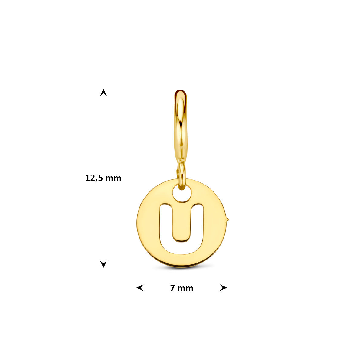 Letter bedel: afmetingen van de 9 karaat geelkleurige ronde letter slotbedel, letter U, 12,5 mm hoog inclusief oog en 7,0 mm doorsnee.