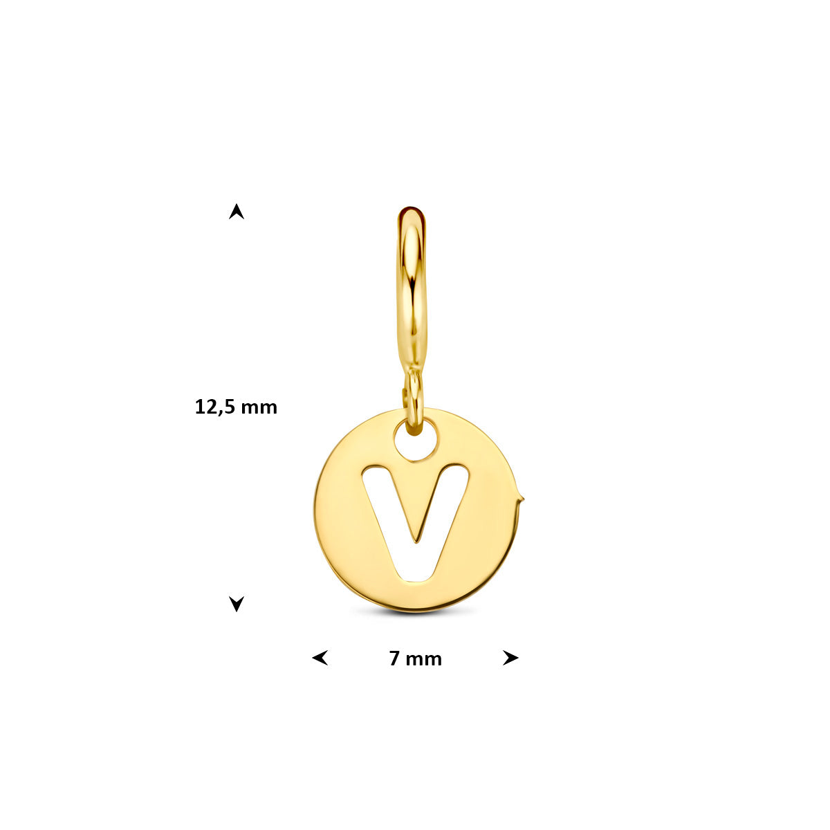 Letter bedel: afmetingen van de 9 karaat geelkleurige ronde letter slotbedel, letter V, 12,5 mm hoog inclusief oog en 7,0 mm doorsnee.