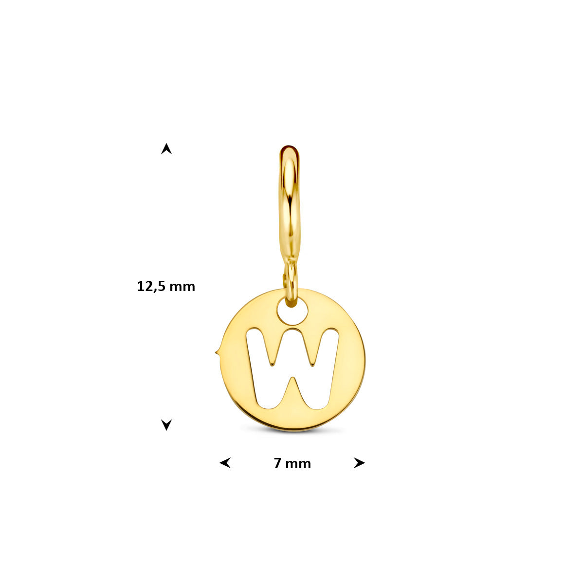 Letter bedel: afmetingen van de 9 karaat geelkleurige ronde letter slotbedel, letter W, 12,5 mm hoog inclusief oog en 7,0 mm doorsnee.